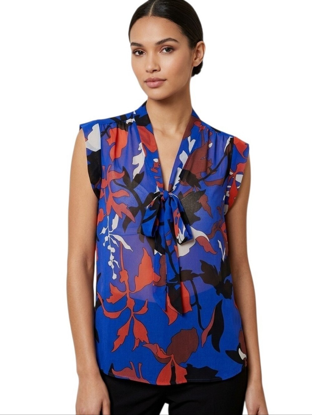 RACHEL Rachel Roy Blue Floral Sheer Tie-Neck Sleeveless Blouse size M